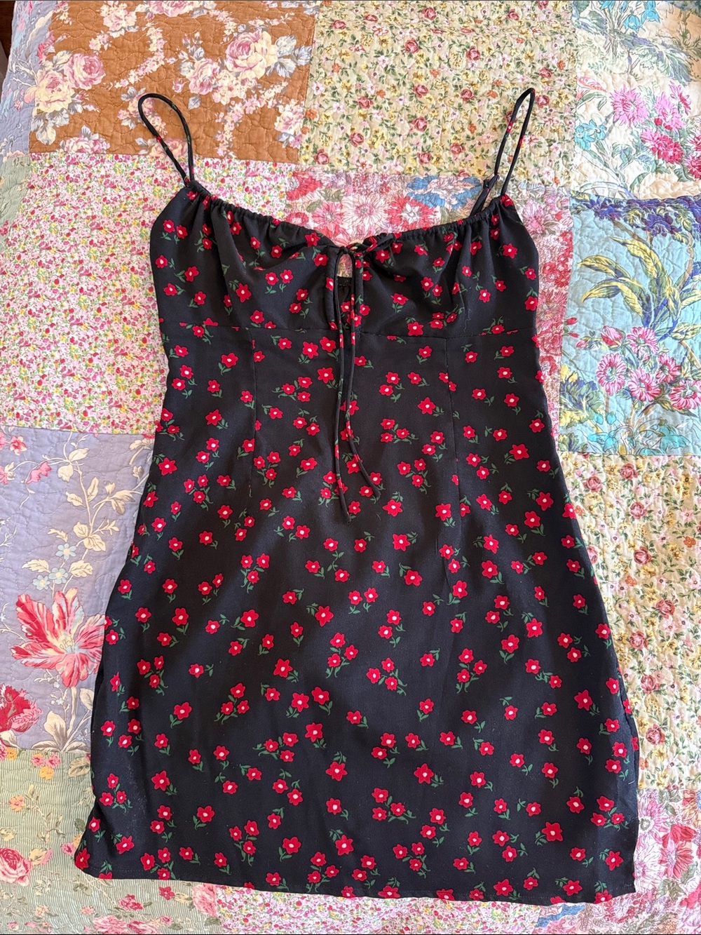 Princess Polly Black Mini Slip Dress with Red Floral Print